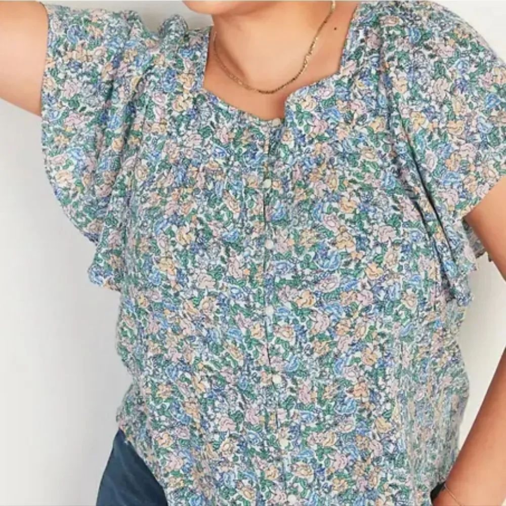 Old Navy M Peasant Floral ButtonUp  Top ShrtSlv Square Neck Women's Shirt Blouse